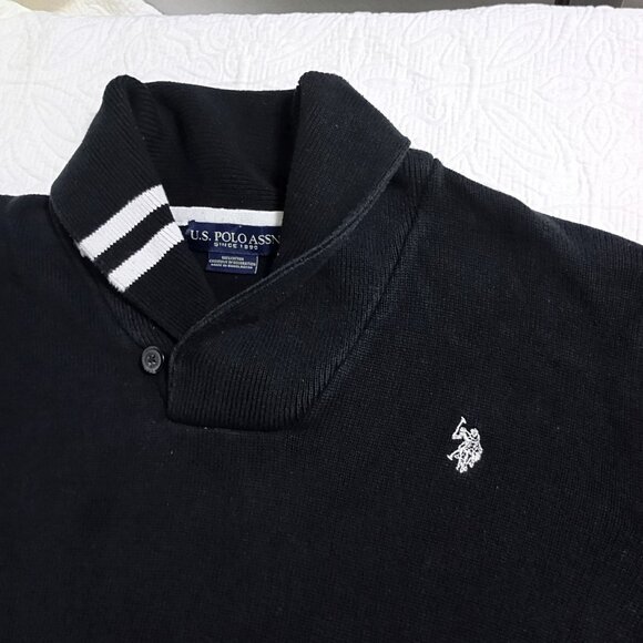 U.S. Polo Assn Mens XL Black Cotton Shawl Collar Sweater Ribbed Cuffs and Hem - Picture 6 of 9